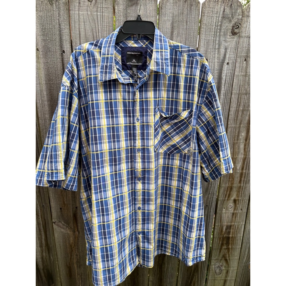 Rocawear Mens 4X Blue Yellow Plaid Short Sleeve Button Down Cotton Shirt Logo